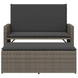 Garden Bench with Cushions and Footstool Grey Poly Rattan - 45-Degree Angle