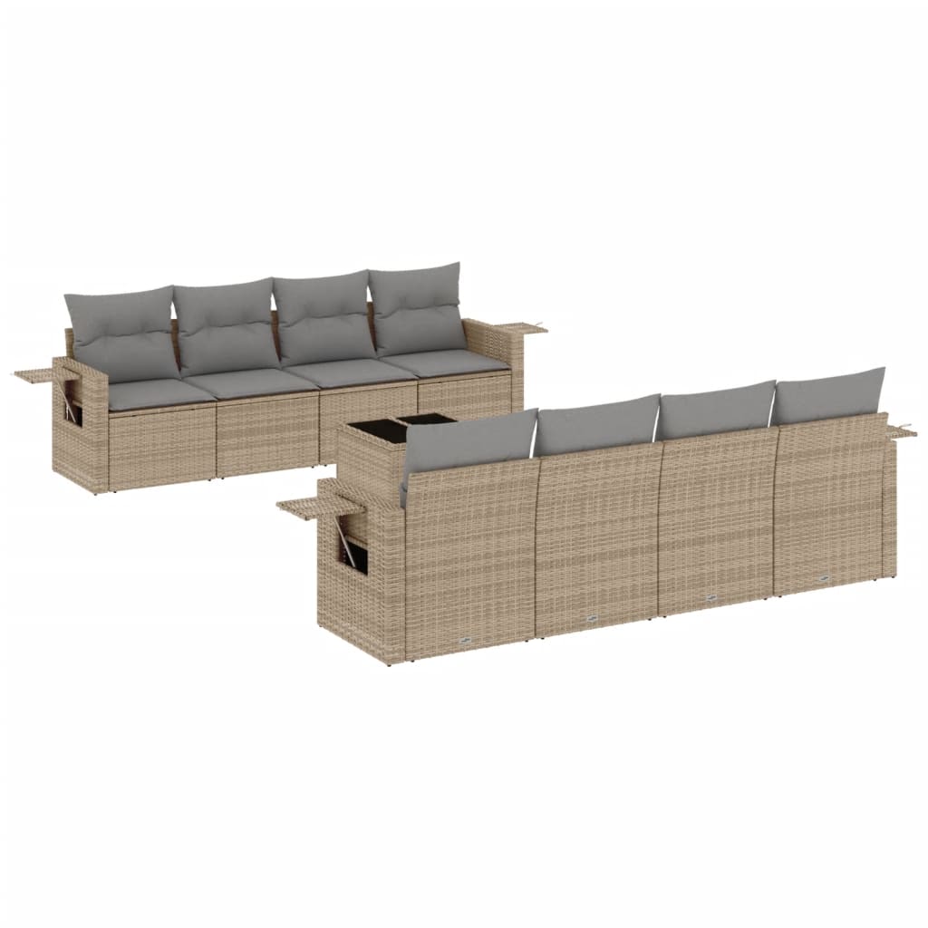 9 Piece Garden Sofa Set with Cushions Beige Poly Rattan