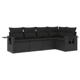 5 Piece Garden Sofa Set with Cushions Black Poly Rattan - Front View