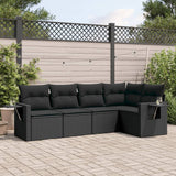 5 Piece Garden Sofa Set with Cushions Black Poly Rattan