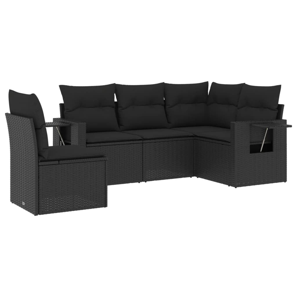 5 Piece Garden Sofa Set with Cushions Black Poly Rattan