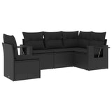 5 Piece Garden Sofa Set with Cushions Black Poly Rattan - Front View