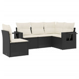 5 Piece Garden Sofa Set with Cushions Black Poly Rattan - Front View