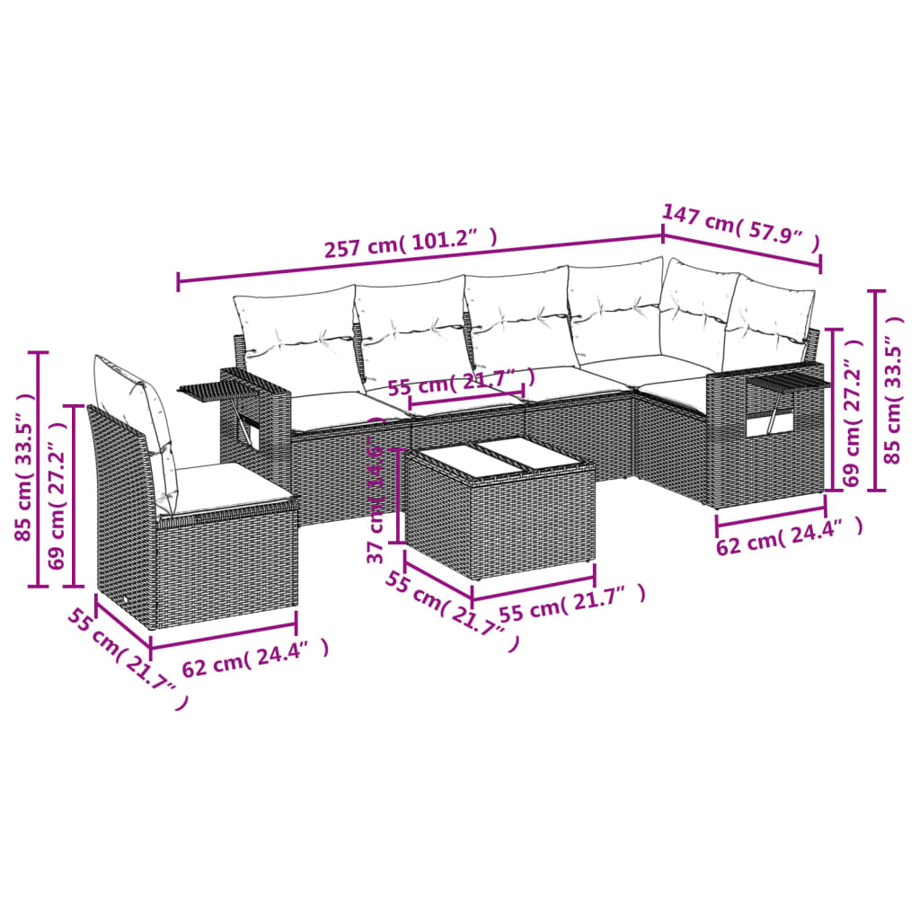 7 Piece Garden Sofa Set with Cushions Grey Poly Rattan