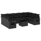 10 Piece Garden Sofa Set with Cushions Black Poly Rattan - Front View