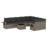 10 Piece Garden Sofa Set with Cushions Grey Poly Rattan - Front View