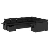 10 Piece Garden Sofa Set with Cushions Black Poly Rattan - Front View