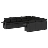 10 Piece Garden Sofa Set with Cushions Black Poly Rattan - Front View