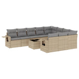 11 Piece Garden Sofa Set with Cushions Beige Poly Rattan - Front View