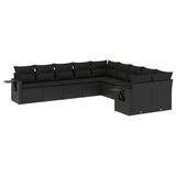10 Piece Garden Sofa Set with Cushions Black Poly Rattan - Front View