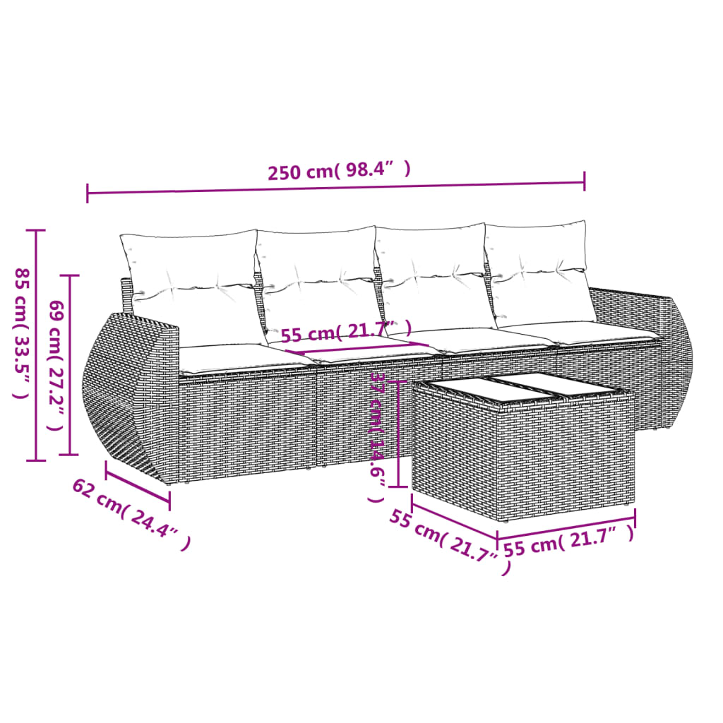 5 Piece Garden Sofa Set with Cushions Grey Poly Rattan