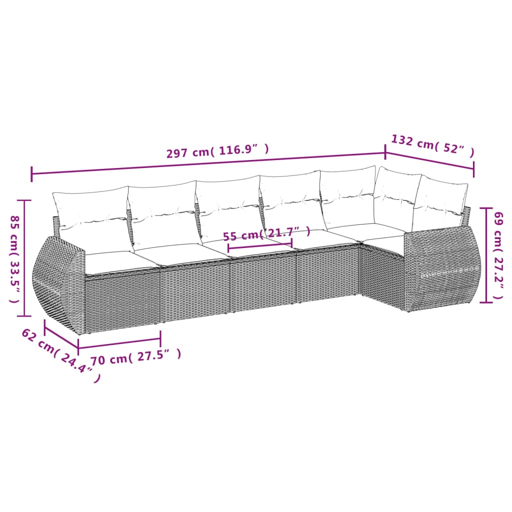6 Piece Garden Sofa Set with Cushions Grey Poly Rattan
