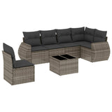 7 Piece Garden Sofa Set with Cushions Grey Poly Rattan - Front View
