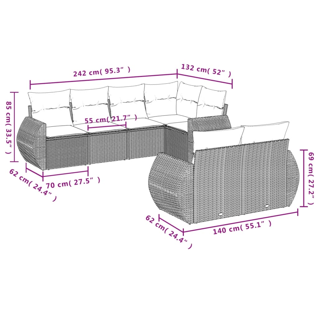 7 Piece Garden Sofa Set with Cushions Beige Poly Rattan