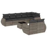 9 Piece Garden Sofa Set with Cushions Grey Poly Rattan - Front View