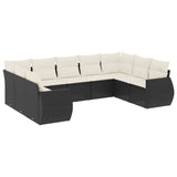 9 Piece Garden Sofa Set with Cushions Black Poly Rattan - Front View