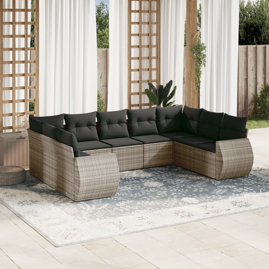 9 Piece Garden Sofa Set with Cushions Grey Poly Rattan