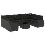 10 Piece Garden Sofa Set with Cushions Black Poly Rattan - Front View