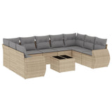 10 Piece Garden Sofa Set with Cushions Beige Poly Rattan - Front View
