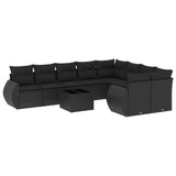 10 Piece Garden Sofa Set with Cushions Black Poly Rattan - Front View