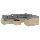 10 Piece Garden Sofa Set with Cushions Beige Poly Rattan - Front View