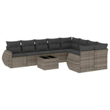 10 Piece Garden Sofa Set with Cushions Grey Poly Rattan - Front View