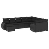 10 Piece Garden Sofa Set with Cushions Black Poly Rattan - Front View
