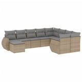 10 Piece Garden Sofa Set with Cushions Beige Poly Rattan - Front View