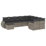10 Piece Garden Sofa Set with Cushions Grey Poly Rattan - Front View