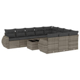 11 Piece Garden Sofa Set with Cushions Grey Poly Rattan - Front View