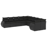 10 Piece Garden Sofa Set with Cushions Black Poly Rattan - Front View