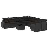 11 Piece Garden Sofa Set with Cushions Black Poly Rattan - Front View