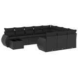 11 Piece Garden Sofa Set with Cushions Black Poly Rattan - Front View