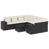 9 Piece Garden Sofa Set with Cushions Black Poly Rattan - Front View