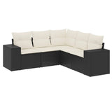 5 Piece Garden Sofa Set with Cushions Black Poly Rattan - Front View