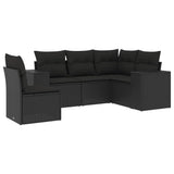 5 Piece Garden Sofa Set with Cushions Black Poly Rattan - Front View