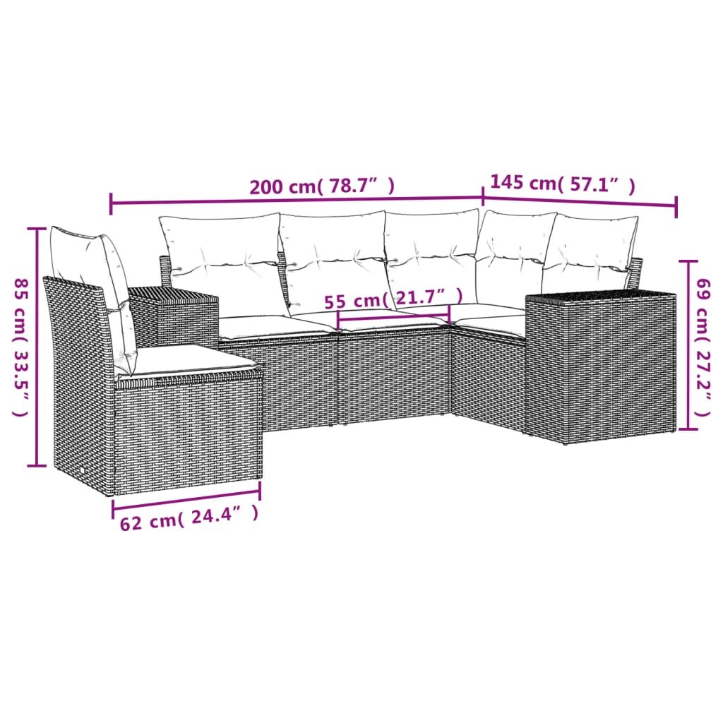 5 Piece Garden Sofa Set with Cushions Grey Poly Rattan