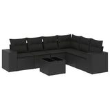 7 Piece Garden Sofa Set with Cushions Black Poly Rattan - Front View