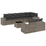 9 Piece Garden Sofa Set with Cushions Grey Poly Rattan - Front View