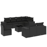 9 Piece Garden Sofa Set with Cushions Black Poly Rattan - Front View