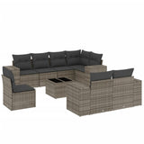 9 Piece Garden Sofa Set with Cushions Grey Poly Rattan - Front View