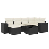 7 Piece Garden Sofa Set with Cushions Black Poly Rattan - Front View
