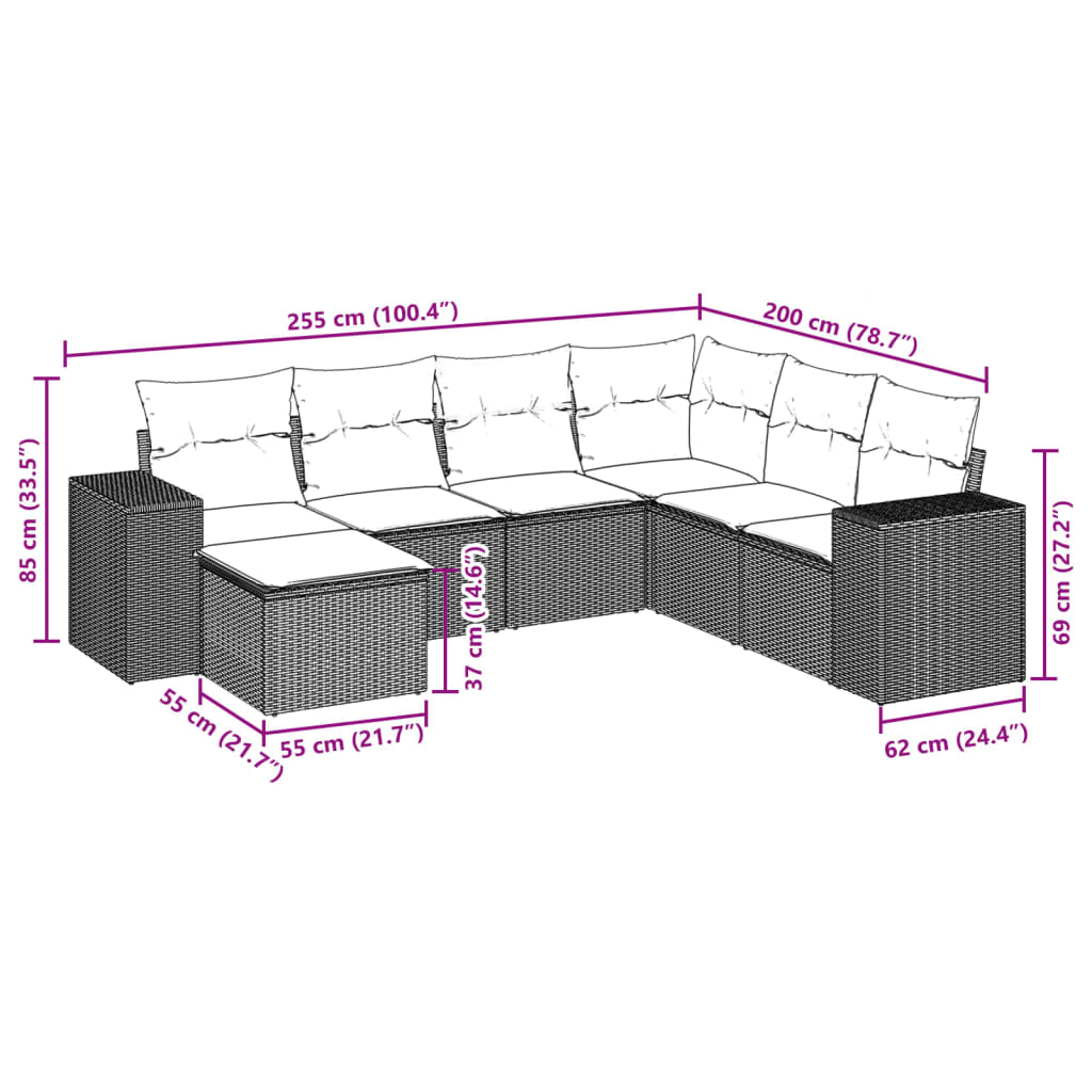 7 Piece Garden Sofa Set with Cushions Grey Poly Rattan