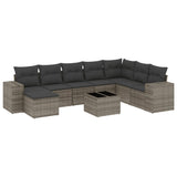 9 Piece Garden Sofa Set with Cushions Grey Poly Rattan - Front View