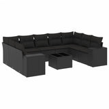 10 Piece Garden Sofa Set with Cushions Black Poly Rattan - Front View
