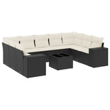 10 Piece Garden Sofa Set with Cushions Black Poly Rattan - Front View