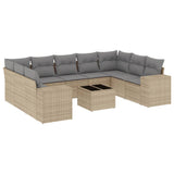 10 Piece Garden Sofa Set with Cushions Beige Poly Rattan - Front View