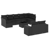10 Piece Garden Sofa Set with Cushions Black Poly Rattan - Front View