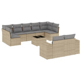 10 Piece Garden Sofa Set with Cushions Beige Poly Rattan - Front View