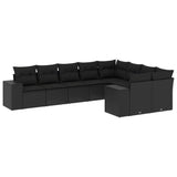 9 Piece Garden Sofa Set with Cushions Black Poly Rattan - Front View